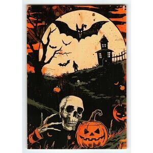Vintage Halloween Postcard with Skull, Pumpkin & Haunted House Scene